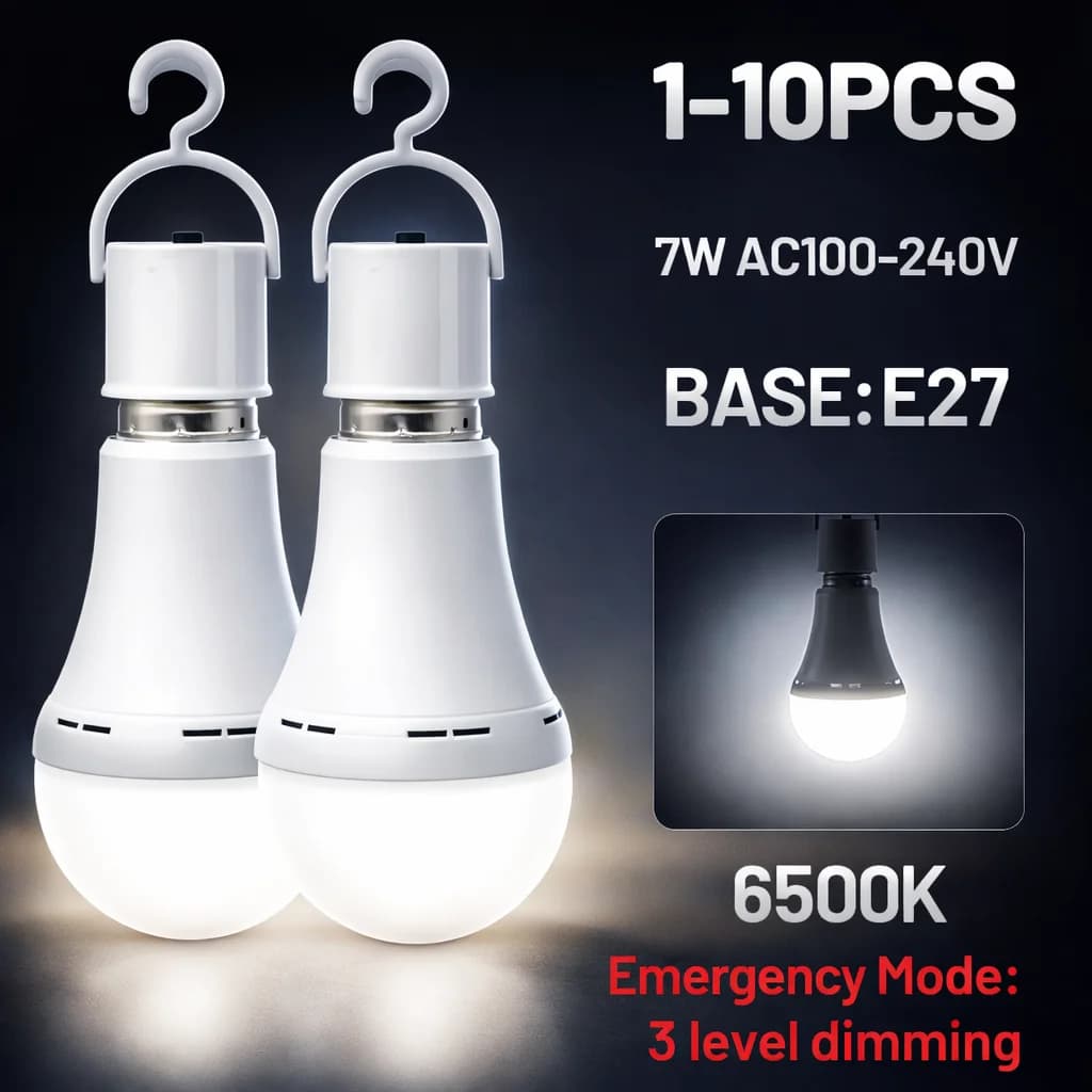 Rechargeable Emergency LED Bulb E27 7W 1500mAh 6500K, 3 Dimmable Mode, Suspended Portable Lamp for Current Interruptions, Camping, Portico