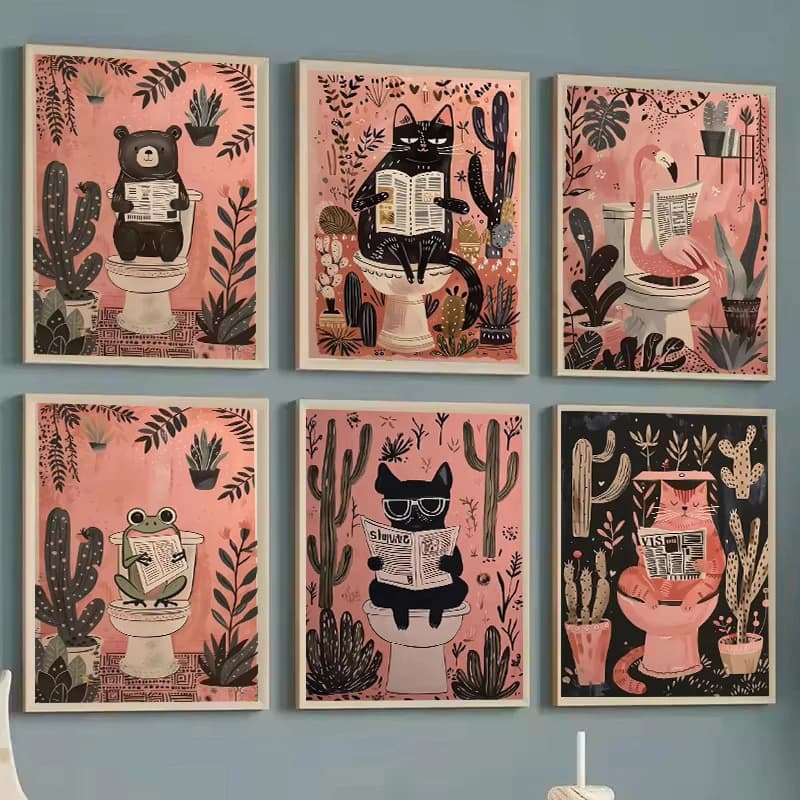 Rosa Nero Gatto Cane Rana sulla toilette Lettura Poster Bagno Stampe Animali Tela Pittura Immagini di arte della parete per WC WC Decor