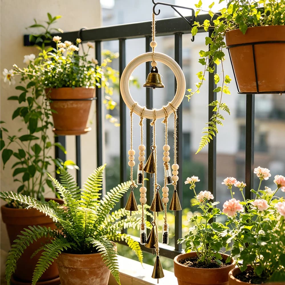 Wood Loop Wind Chime Hanging Bells for Door Protection Wooden Ring Witch Bells Bohemian Crystal Wish Bottle Pendant for Wreath