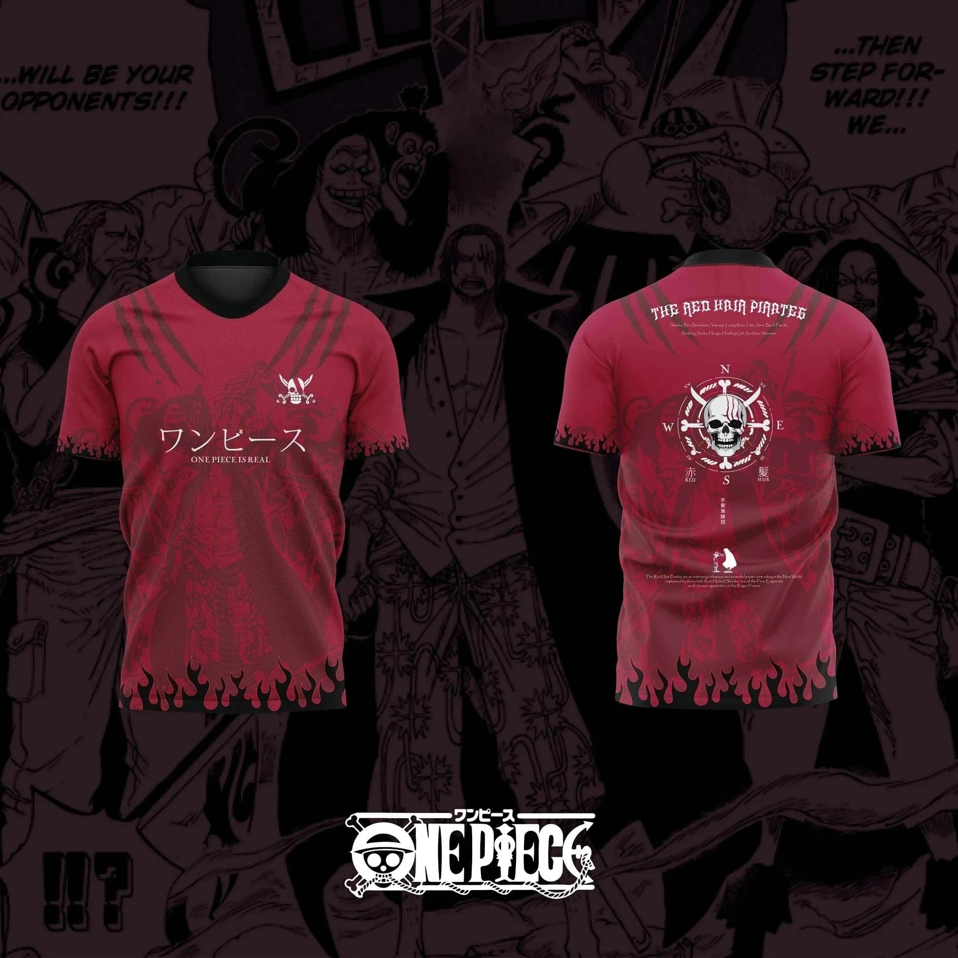 Maglia da Calcio 3D One Piece Anime THE RED HAIR PIRATES 2026 per Uomo, T-shirt Sportiva Estiva Casual per Bambini/Adulti