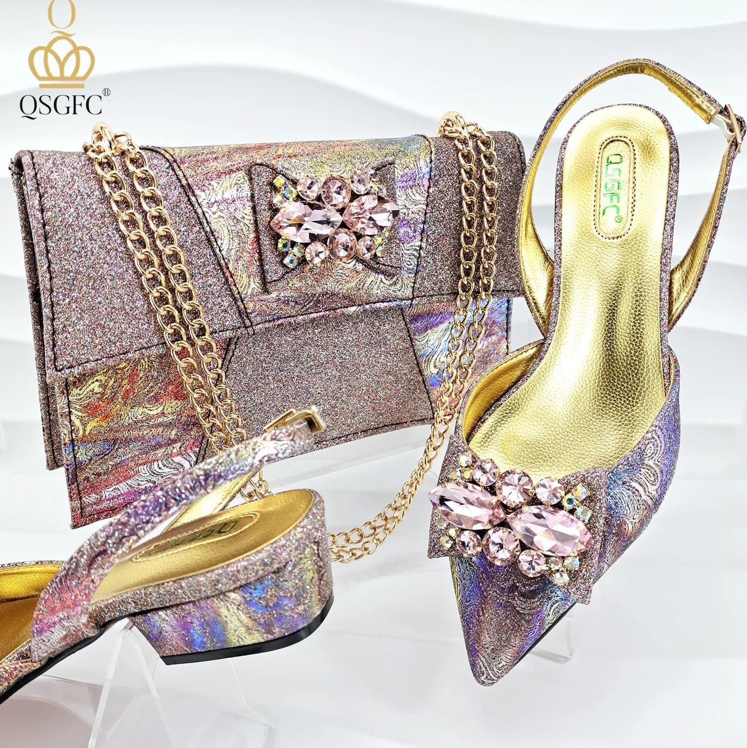 Set of stylish shoes and evening bags from Italian design African crystal comfortable shoes and women's shoes for commuters with bag capacity