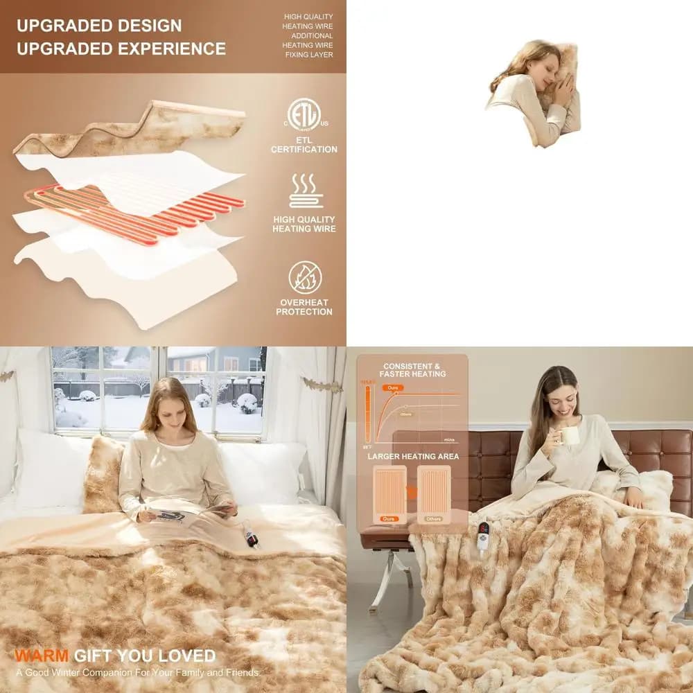 Coperta Riscaldata in Finta Pelliccia Misura Intera 72x84 con 6 Livelli di Calore e Timer 10 Ore, Beige Tie-Dye