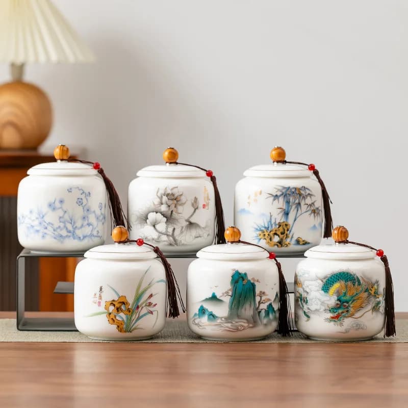 Creative Plant and Flower Pattern Ceramic Tea Canister Household Coffee Bean Sealed Storage Jar Hand-Painted Floral Ceramic Jar
