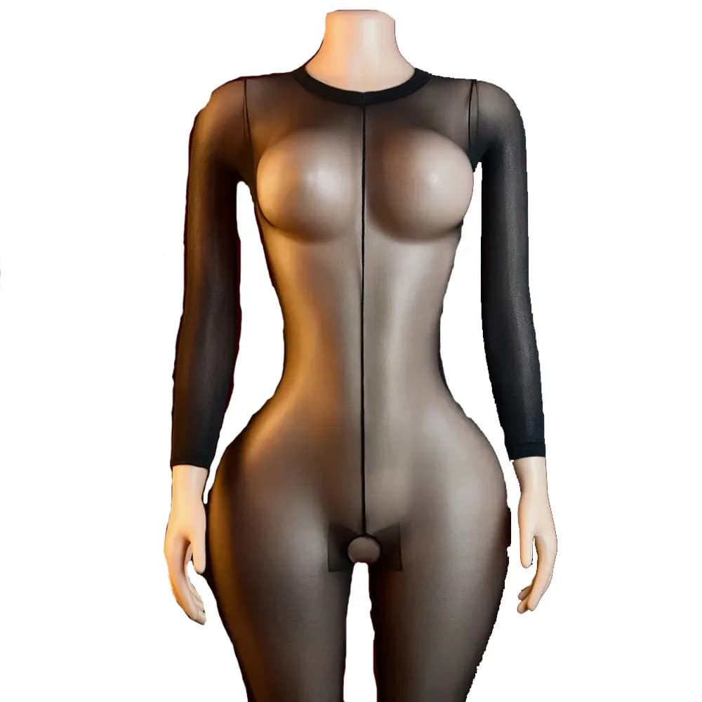 Bodystocking sexy ultrasottile, tuta trasparente trasparente da donna - Leggings trasparenti a maniche lunghe slim fit