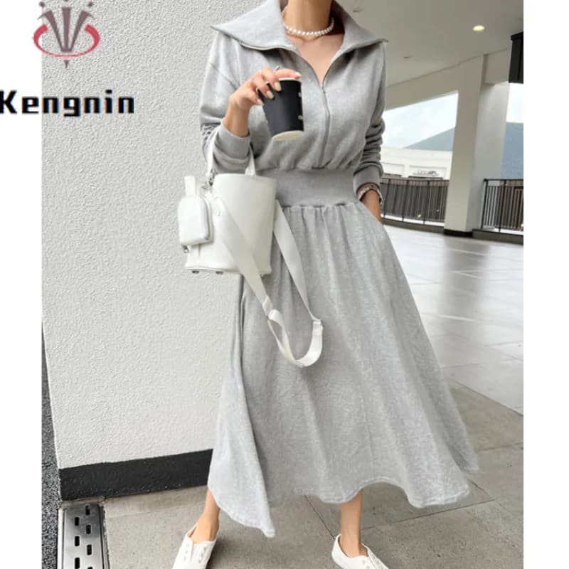 Plus Size 5XL Abito con cappuccio da donna Moda coreana Manica lunga Design con cerniera Tunica a vita alta Autunno Inverno Abito femminile KE3166