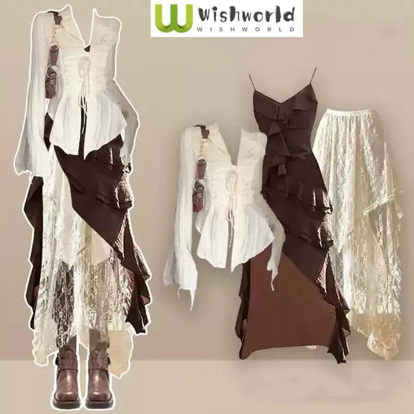 Set da donna con design primaverile e autunnale Top alla moda + gonna a canotta Maillard con gonna versatile Set da tre pezzi