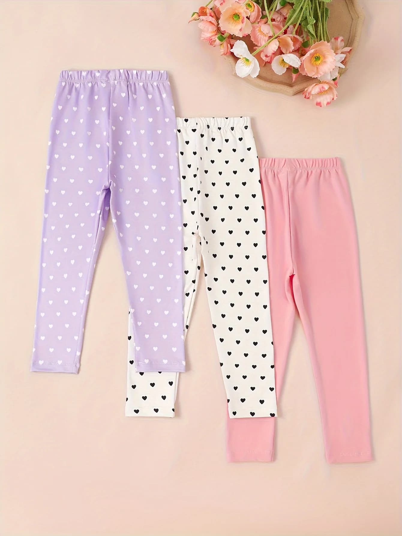 Confezione da 3 leggings da ragazza elastici e comodi con stampa digitale a forma di cuore lavorato a maglia