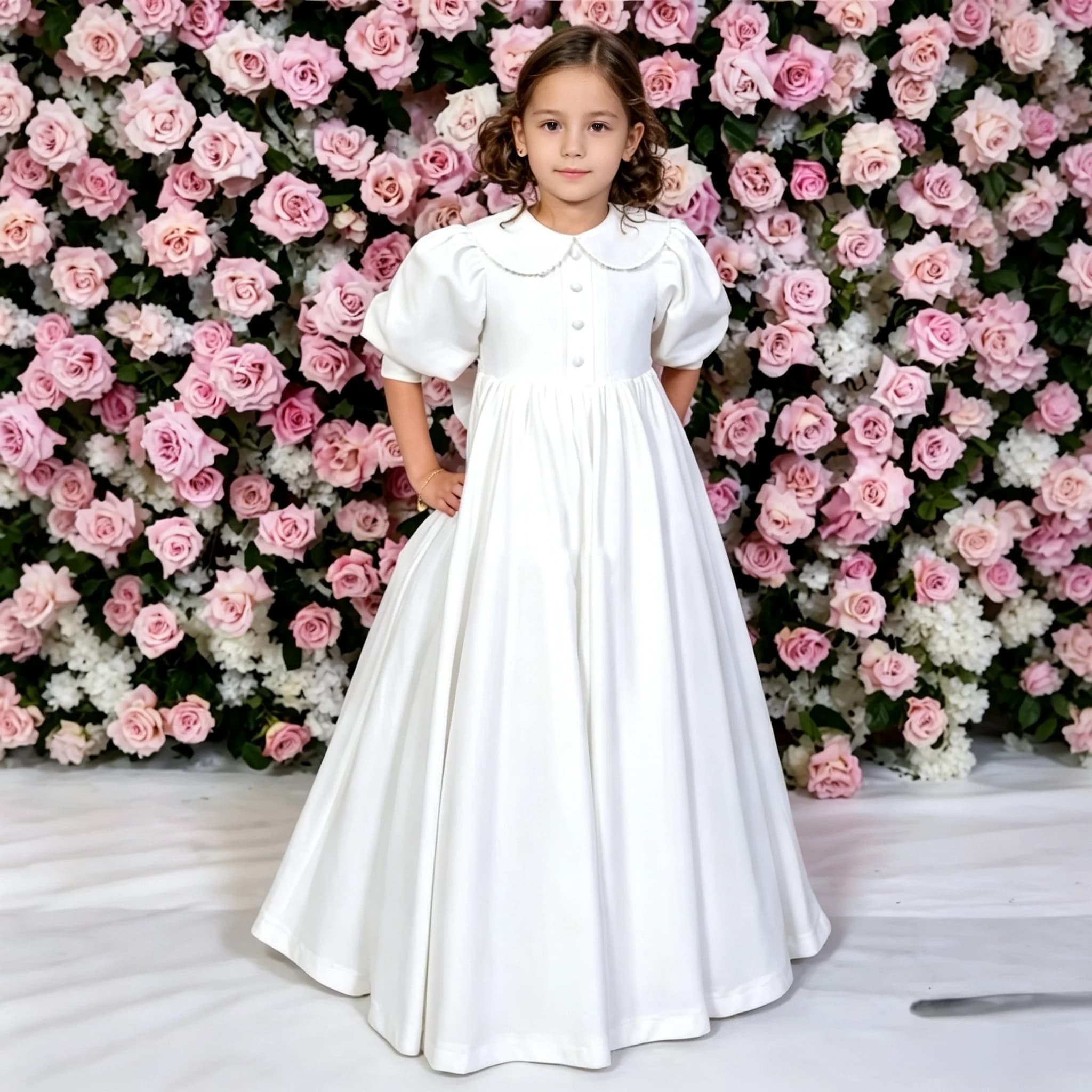 Customized White Flower Girl Dress For Wedding Peter Pan Doll Collar Puffy Pleated Baby Kids Birthday 1st holy Communion Gown
