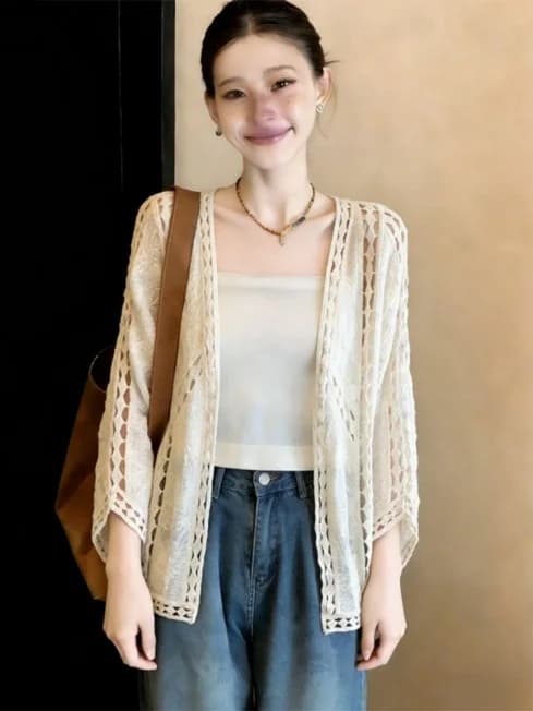 Bohemian Style Hook Flower Hollow out Shoulder Women's Jacket Spring New plus Size Strap Dress Outer Top Korean Version Loose...