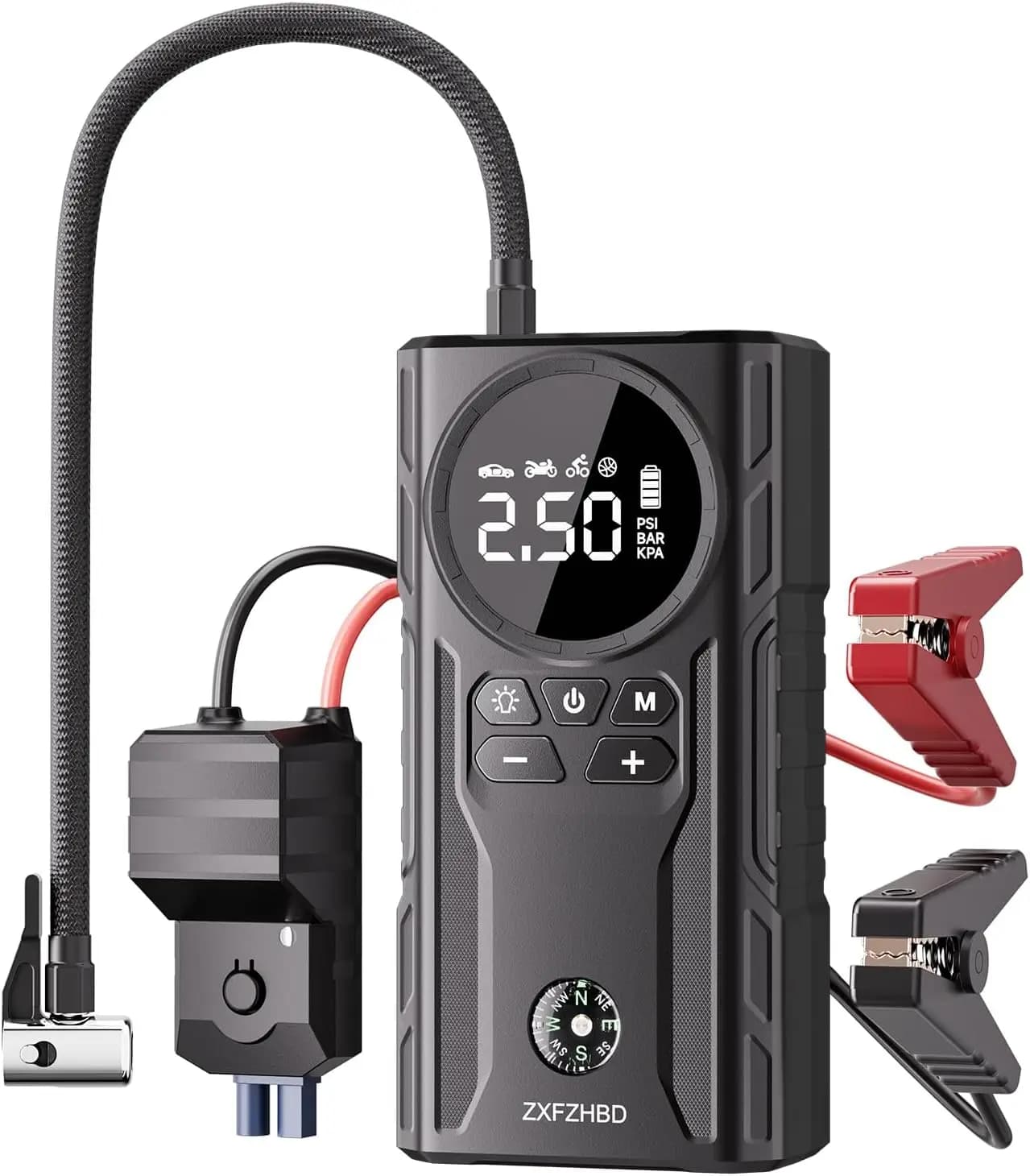 Avviatore portatile da 12 V con compressore d'aria, picco 3500 A, gonfiatore per pneumatici per carichi pesanti, include cavi e custodia