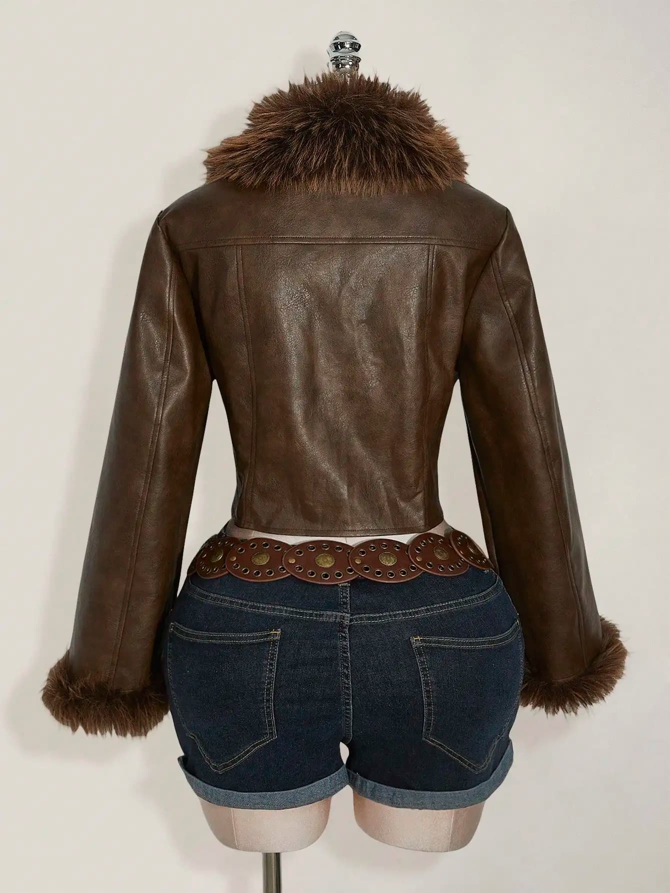 Giacca Corta in Pelle PU Marrone con Collo e Polsini in Pelliccia per Donna