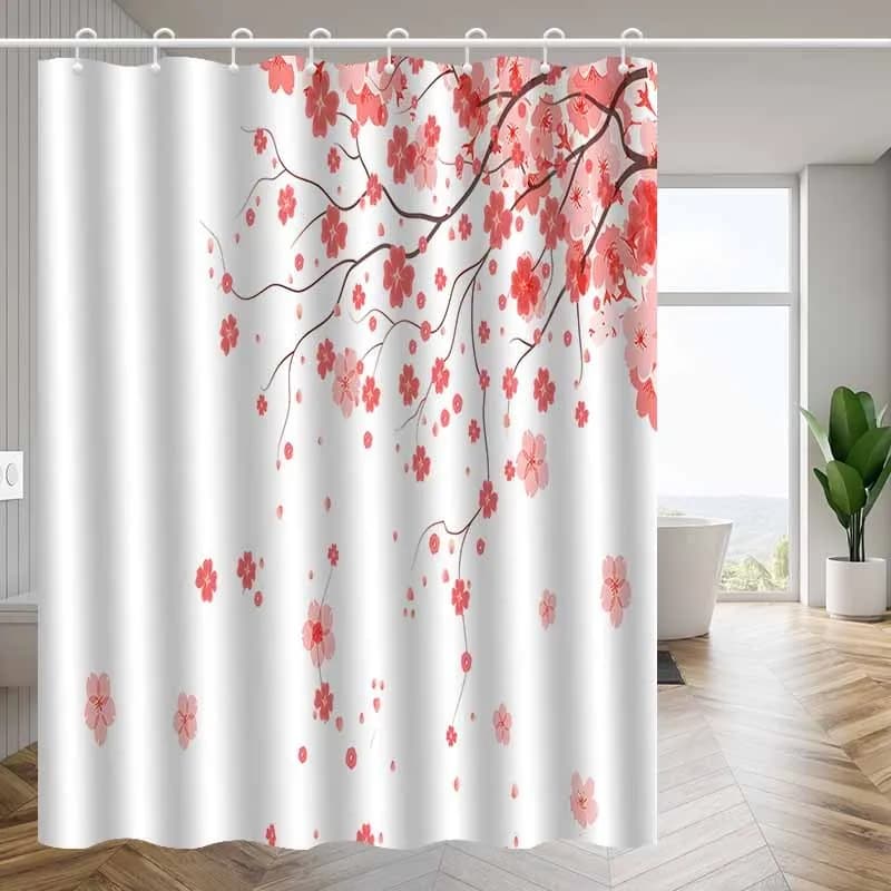 Tenda da doccia con stampa di fiori di ciliegio 1 pezzo, tessuto in poliestere, lavabile in lavatrice, con gancio, adatta per la decorazione del bagno