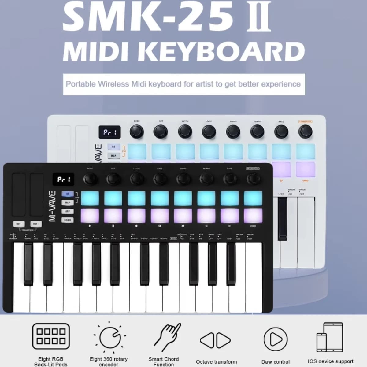 M-VAVE SMK-25 II MIDI Pad Controller Keyboard USB Mini 25 Key,16 RGB Drum Pads,8 Knobs and Music Production,Software Included