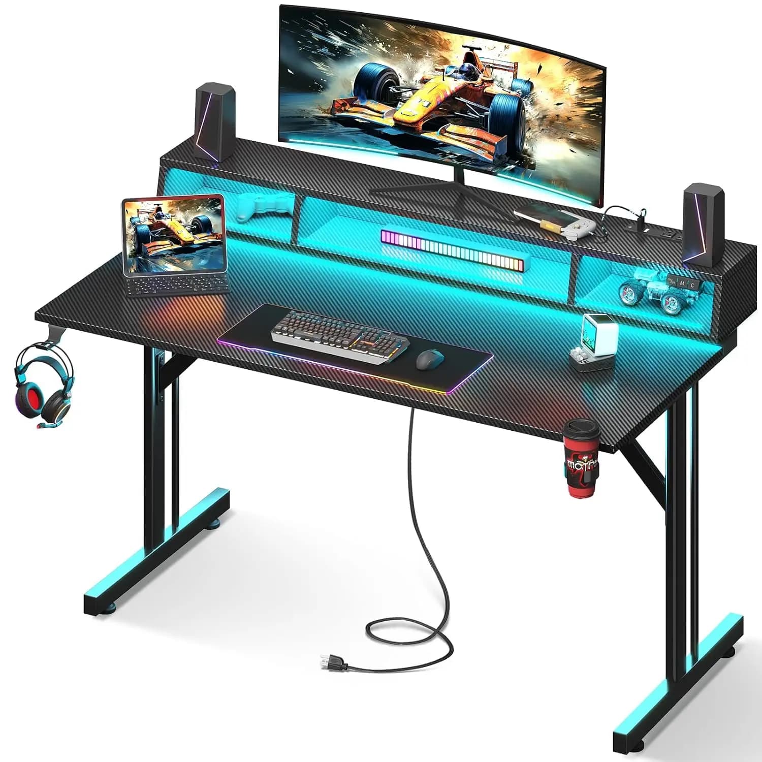 48 inch gaming desk with LED lights and sockets, small computer gaming desk with floating monitor support, for children, customizable