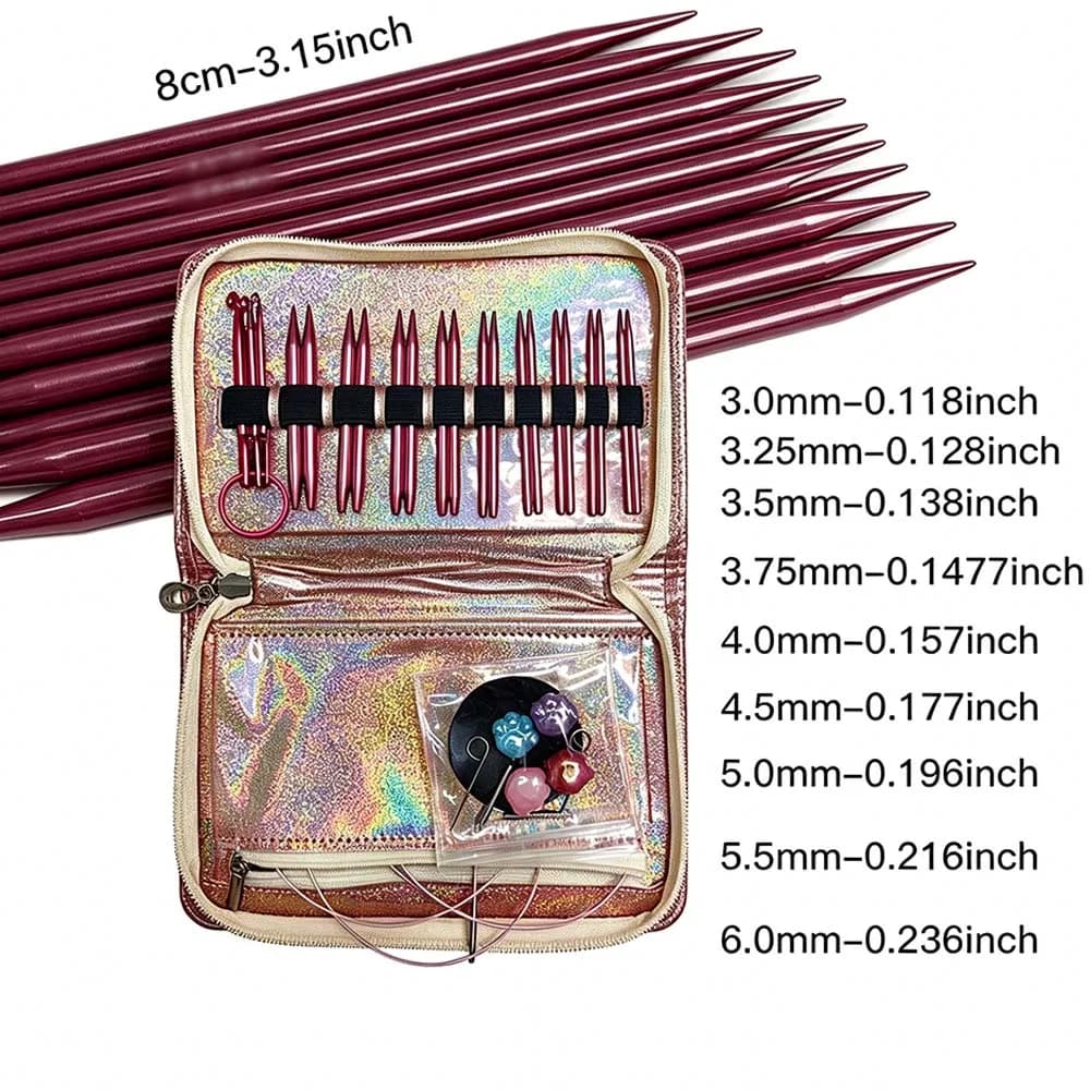 Set di 9 Paia di Ferri Circolari Intercambiabili da 3,15 Pollici (3mm-6mm) con Cavi da 8, 16, 23, 31 Pollici, Ganci e Accessori per Lavoratori a Maglia