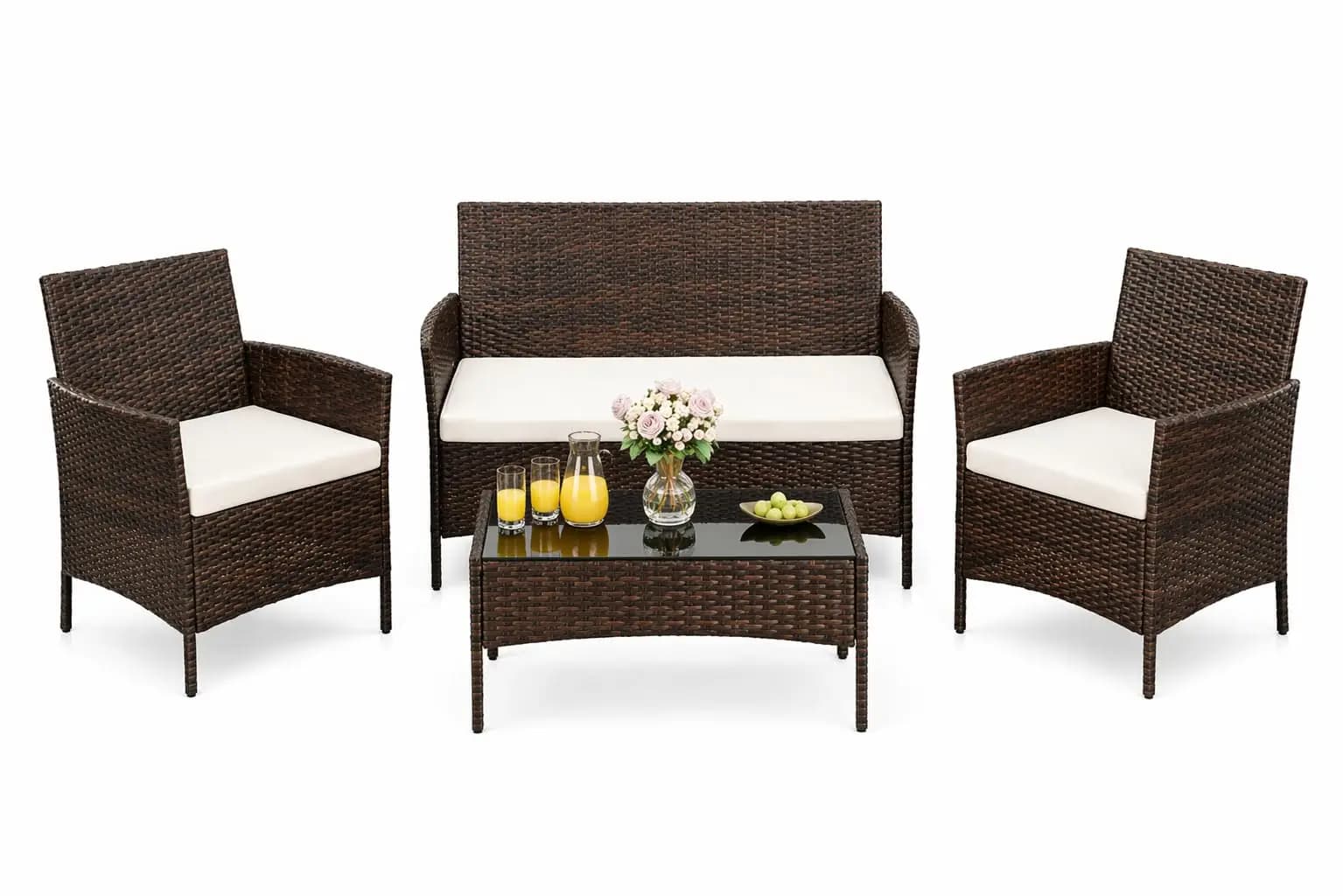 Set di mobili da giardino 4 pezzi, 1 tavolino in vetro e 3 sedie imbottite, mobili da esterno per giardino, balcone, cortile, bordo piscina