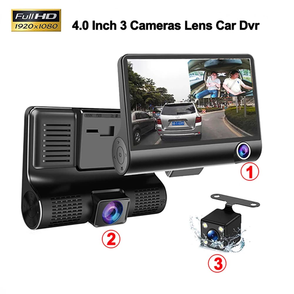 3 fotocamere obiettivo 4.0In Car DVR Dash Cam HD Dash Camera videoregistratore a doppia lente 1080P Black Box Cycle Dashcam Mirror