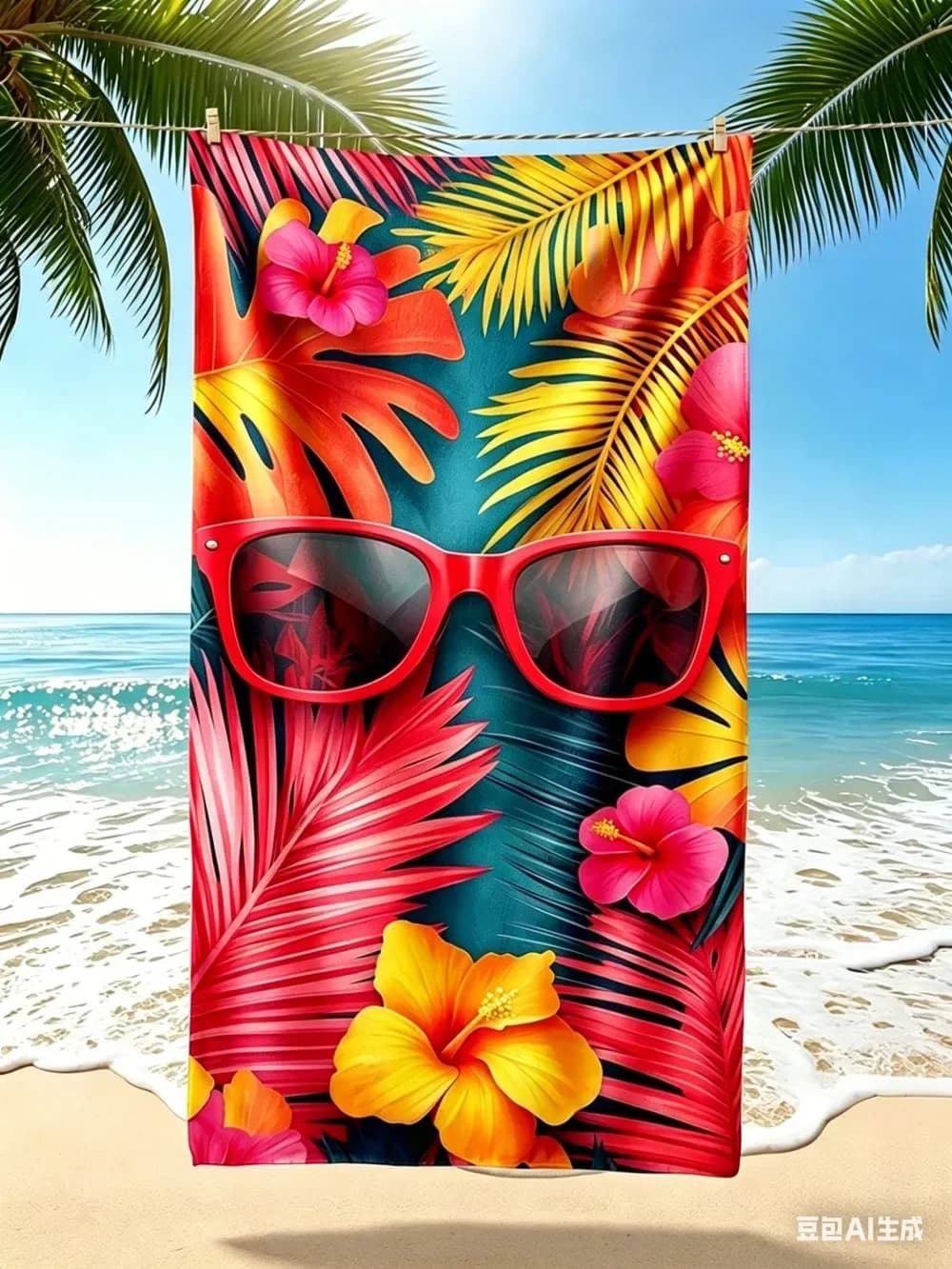 Telo Mare in Microfibra con Fiori Tropicali, Asciugamano da Bagno con Occhiali da Sole Rossi e Ibisco, Coperta da Viaggio Esotica per Vacanze Estive da Donna