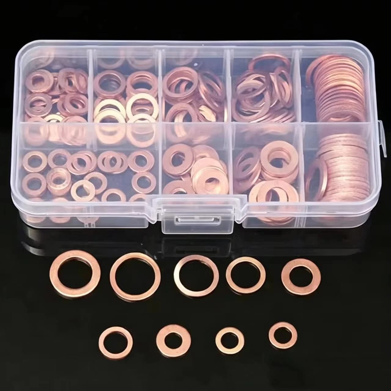 100PCS Copper Washer Gasket Nut And Bolt Set Flat Ring Seal Assortment Kit With Box M4/M5/M6/M8/M10/M12/M14 For Sump Plugs
