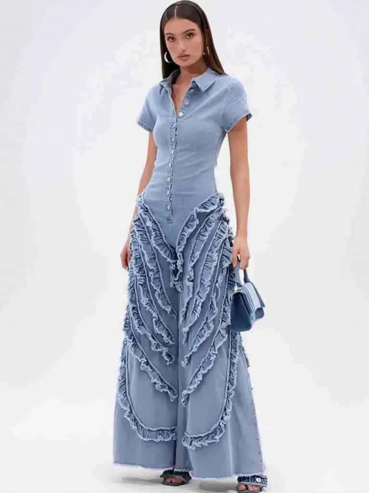 Solid Color Women Jumpsuits For Denim Jeans Short Sleeve Loose Fashion Streetwear Overalls Wide Leg Pants Trousers 2025