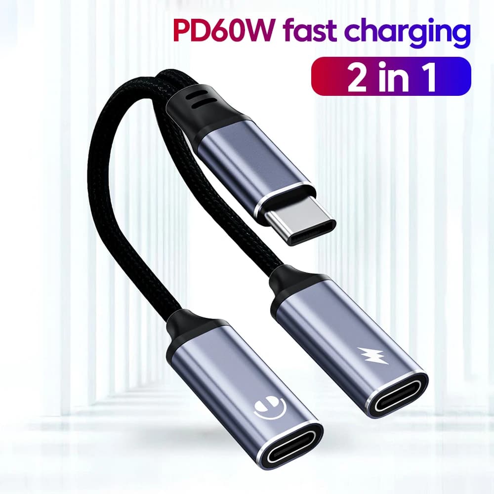 Adattatore USB C 2 in 1 da Type-C a Type-C con ricarica PD60w + connettore di trasmissione dati audio Type-C per cellulari, tablet e laptop