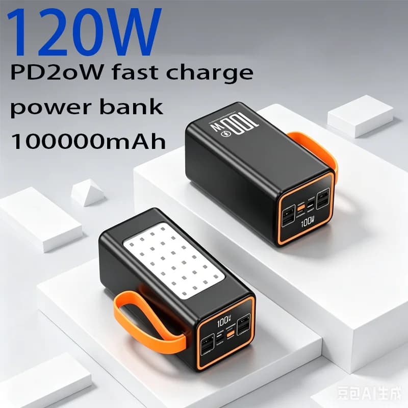 2026-100Ah Large Capacity 120W PD Fast Charging Portable Power Bank With Lanyard For Phone Laptop Outdoor Camping Emergency Use