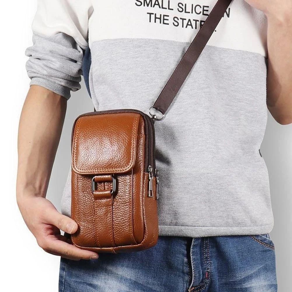 Borse a tracolla portatili da uomo Borsa da cintura per cellulare in pelle di vacchetta Moda semplice multitasche Casual per lo sport all'aria aperta