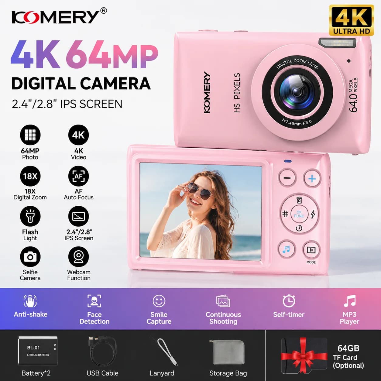 KOMERY 4K Digital Camera 64MP Autofocus Vlogging Camera 18X Digital Zoom Compact Camera with Flash Webcam for Travel YouTube