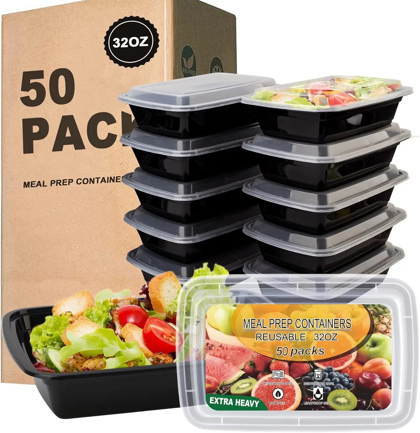 Confezione da 50 Contenitori Riutilizzabili da 32oz per Preparazione Pasti, Ermetici, Senza BPA, Adatti a Microonde, Lavastoviglie e Congelatore