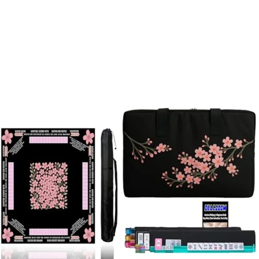 American Mahjong Set for home and tournament use, cherry wood tiles with cherry blossom design, pink and white color scheme, in