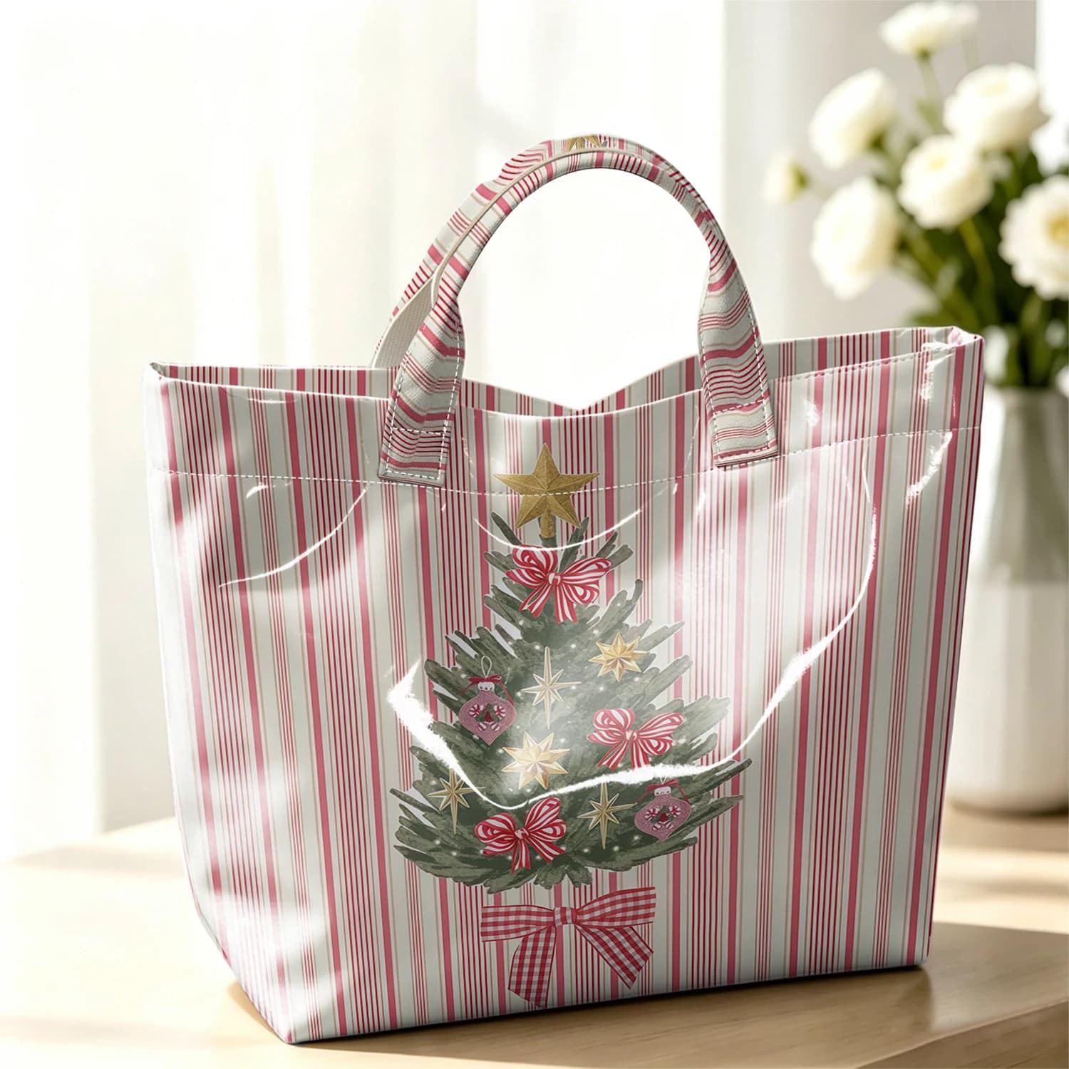Tree Ribbon Cute Large Glossy PVC Tote Bag Hand Washable Lightweight Soft Great for Travel Commute Makeup Storage Handbags