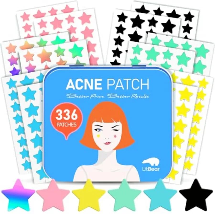 Acne Patch Pimple Patch, 6 Colors 336 Dots Star Pimple Patches with Case and Tea Tree Oil and Centella Oil, Hydrocolloid Acne P