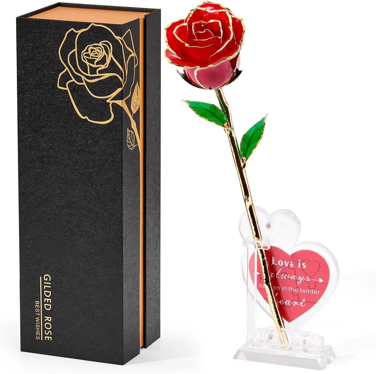 Realistico rosa rossa placcata in oro 24 carati con base puzzle a cuore - Regalo romantico per lei, moglie, fidanzata, mamma