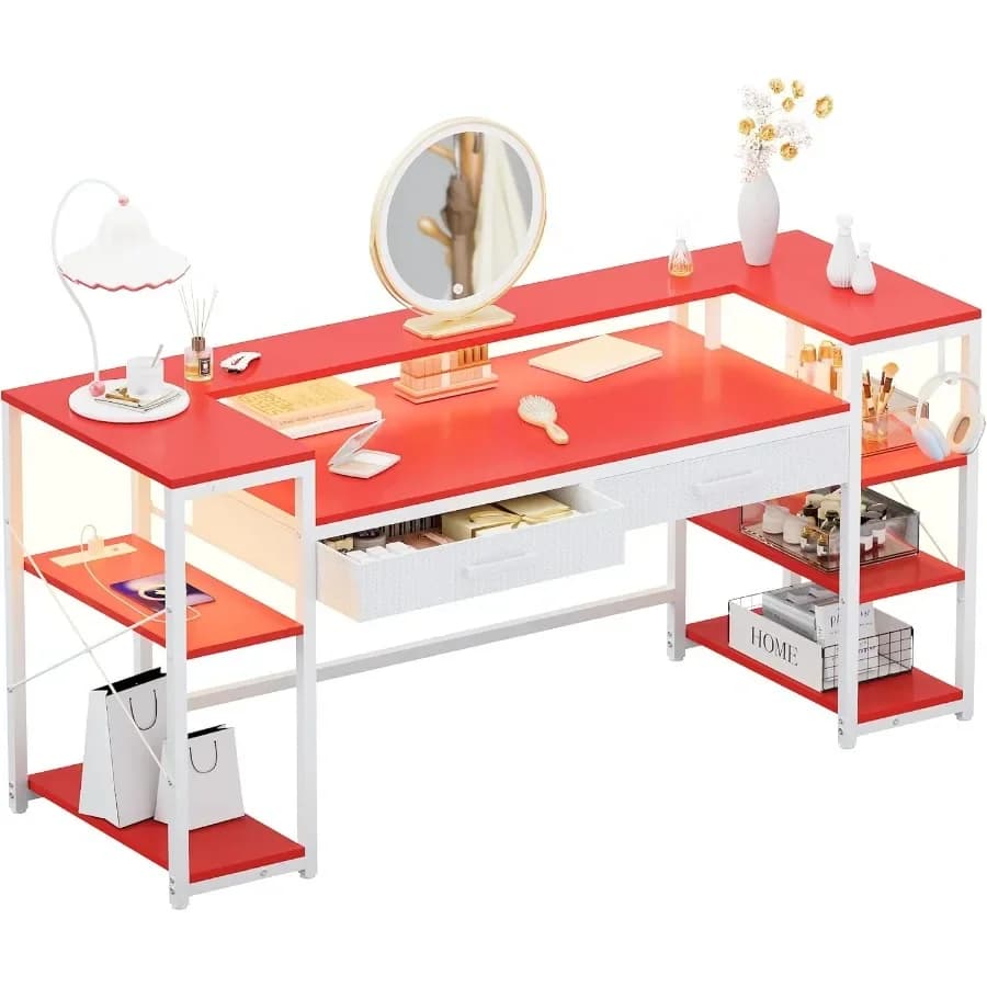 58 inch computer desk with support for monitors and shelves Play desk with LED lights Current sockets Toilet Table for PC with 2 drawers f