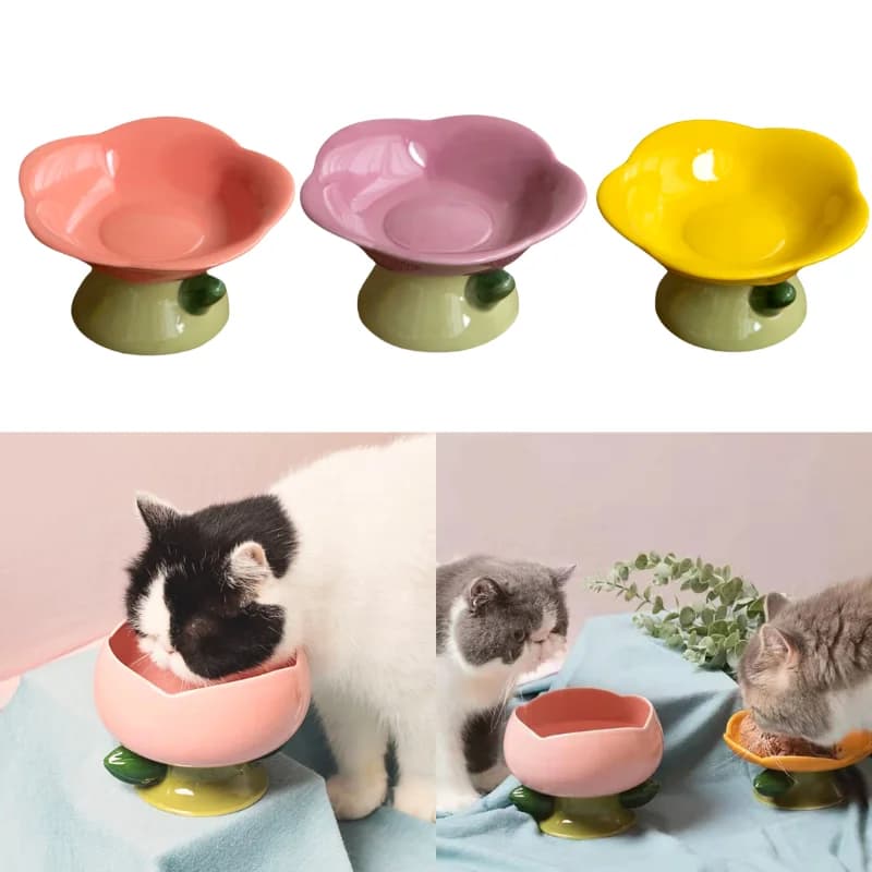Ciotola per Gatti in Ceramica Antiscivolo a Forma di Fiore, Nuova Ciotola Rialzata per Cani e Cuccioli, Contenitore per Cibo e Acqua, Accessori per Animali Domestici