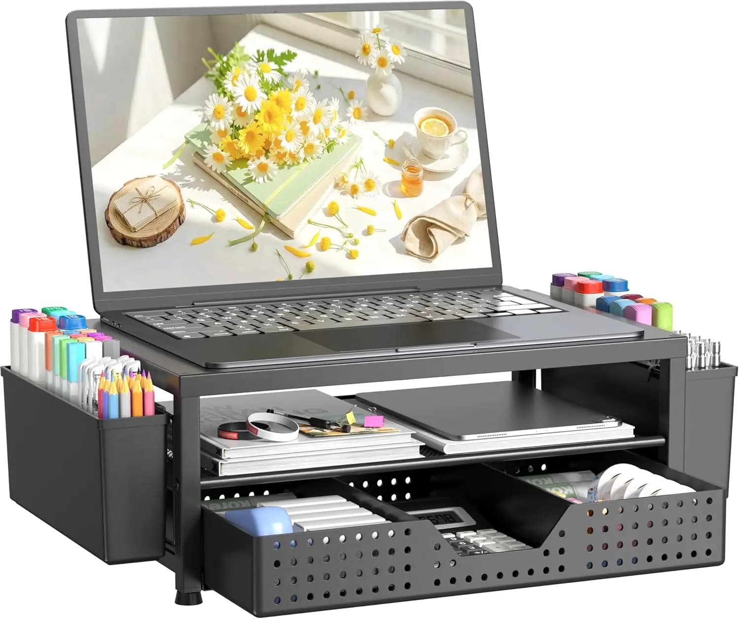 2-Tier Laptop Monitor Stand Riser with Drawer & Pen Holders, Ventilated Metal Computer Desk Organizer for Home Office, Black