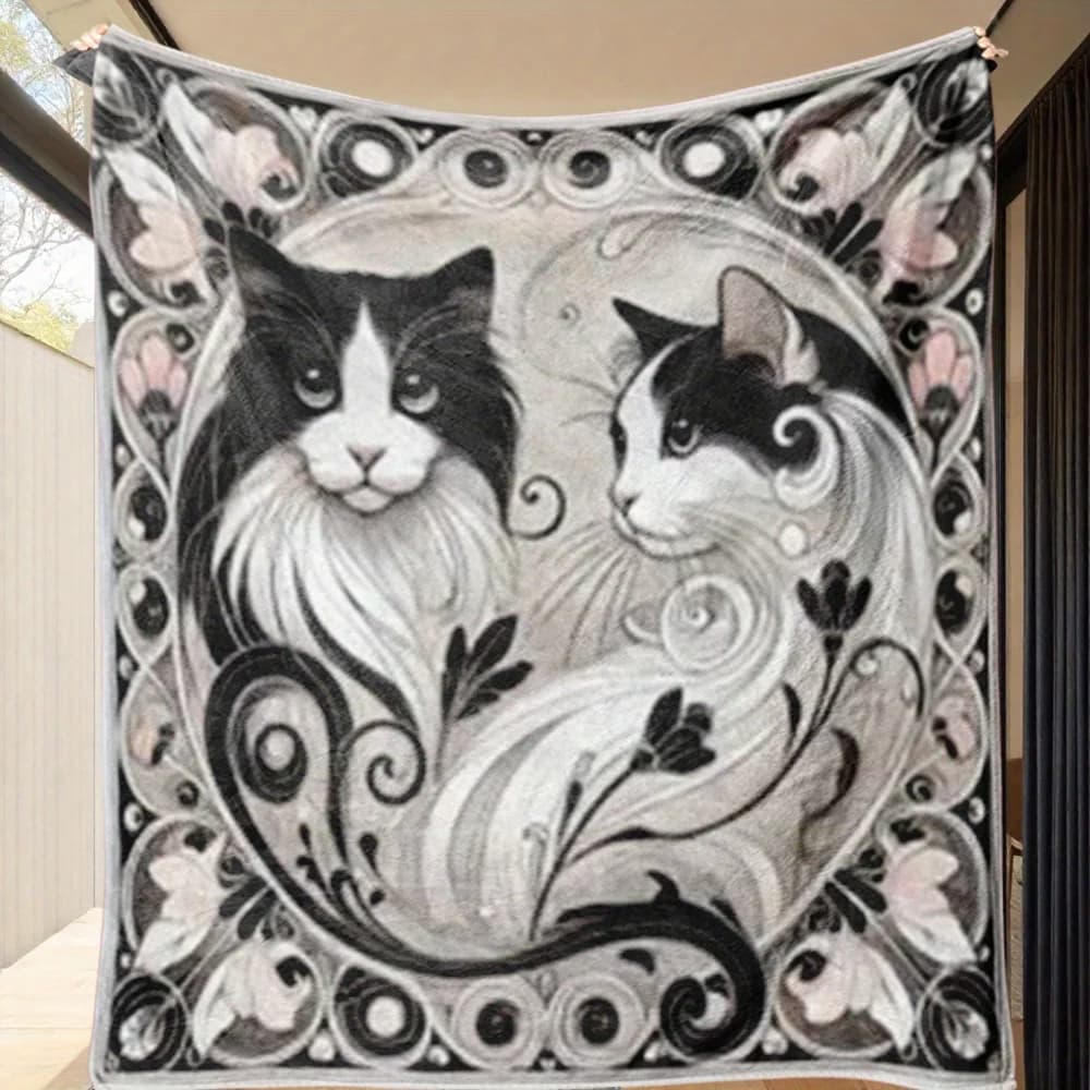 1 elegante coperta in flanella con motivo gatto bianco e nero - Grande, morbida, in misto poliestere con intricato disegno floreale e a spirale, perfetta