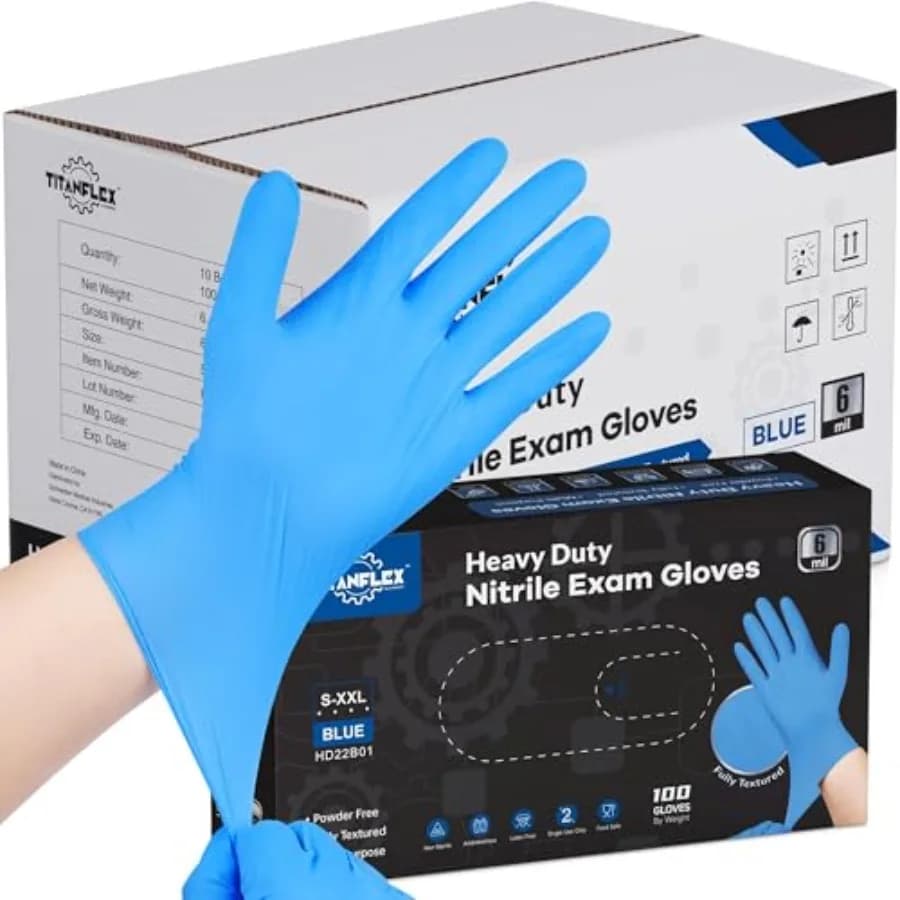 Guanti in Nitrile Blu Resistenti Titaex, 6 mil, Completamente Testurizzati, Guanti Monouso per Meccanici, Senza Polvere, Senza Lattice