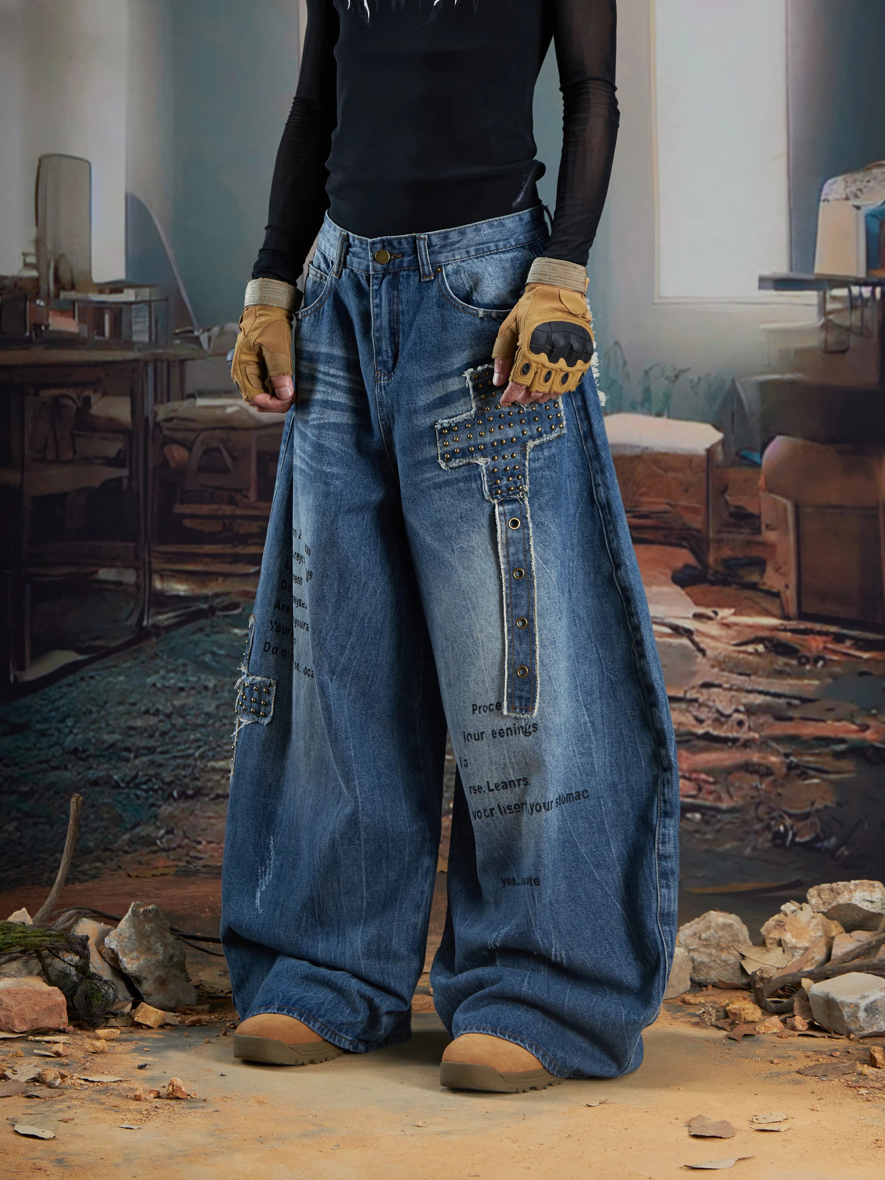 Design di interesse speciale Cuciture a deconstruzione Rivetto in bronzo antico Il gatto deve lavare Jeans Machete a gamba larga Moda uomo e donna