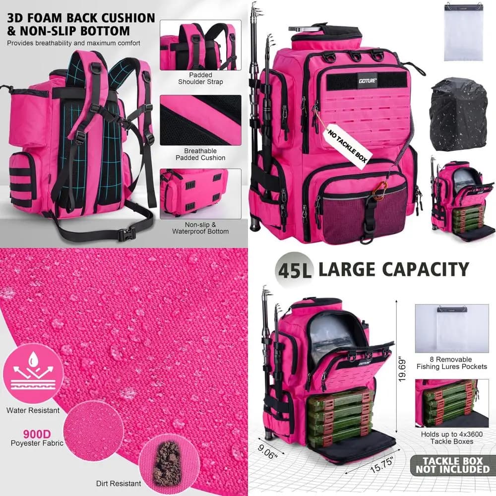 Waterproof 45L Large Fishing Backpack with Candle Holder, 8 Pockets for baits, Rain Cover for Camping and Hiking (Without Tool Box)