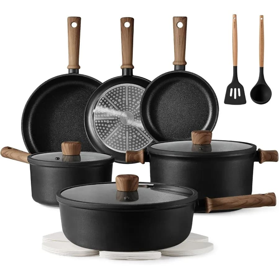 Pentole e padelle antiaderenti, set di pentole a induzione Set da cucina, antiaderente con padella (PFOS, PFOA gratuito), nero, 16 pezzi