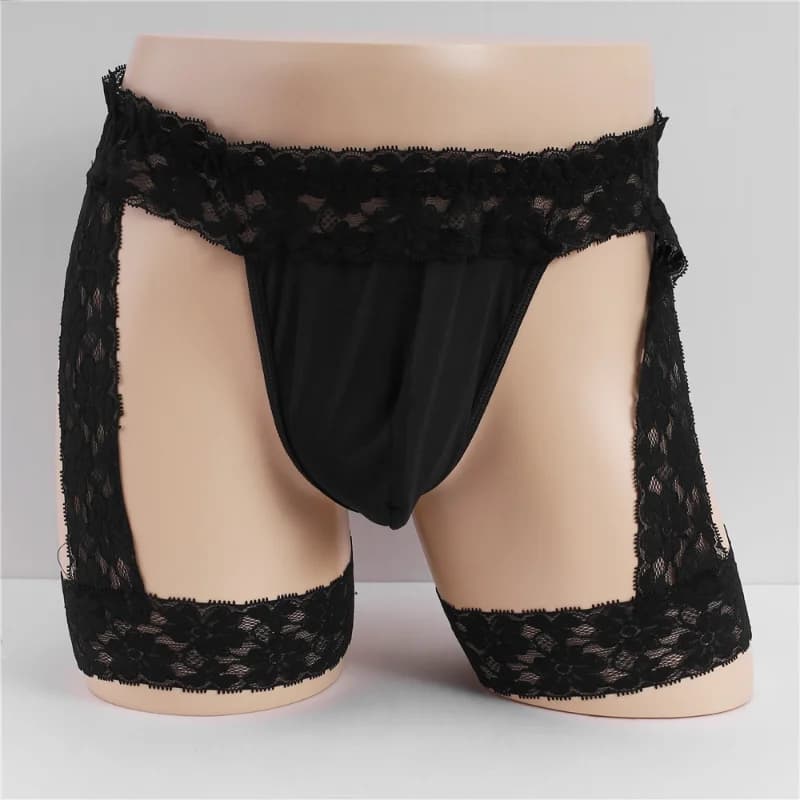 Perizoma sexy in pizzo da uomo G-String Reggicalze Sissy Lingerie Ultra-sottile trasparente imita biancheria intima U Custodia convessa Mutande