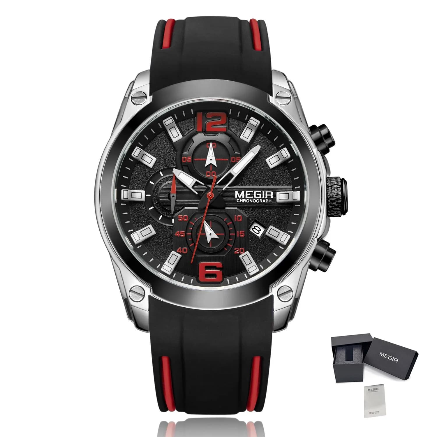 Orologio al Quarzo Analogico Megir 2063 con Cronografo, Data, Lancette Luminose, Cinturino in Silicone Impermeabile e Cassa in Acciaio Inossidabile