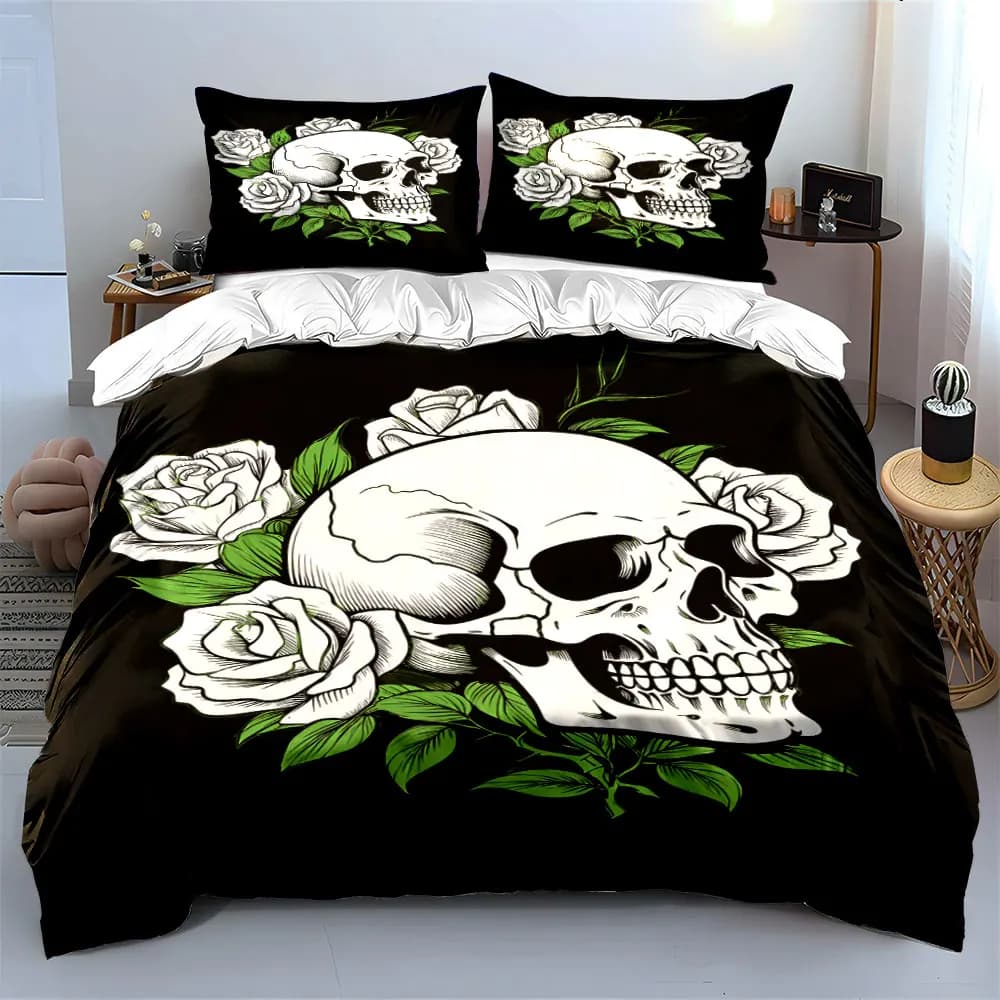 Skull and Roses Black Background Bedding Set Print Bedding Set 1 Duvet Cover 2 Pillowcases for Adult and Children Luxury Gift