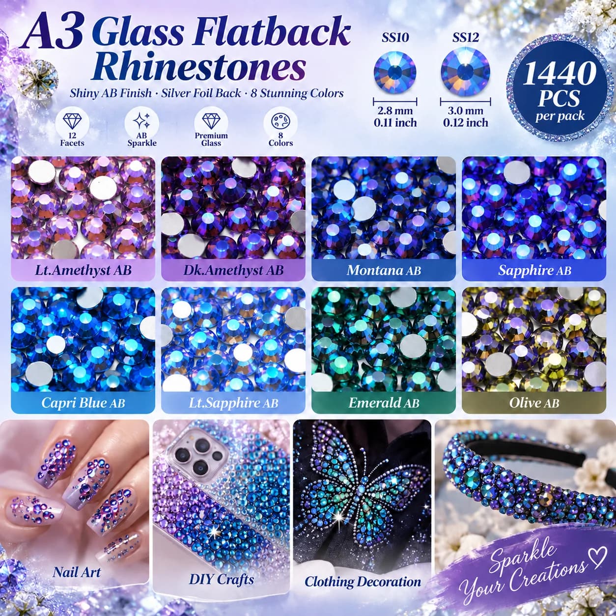 A3 Glass Flatback Rhinestones Silvery Foil AB Colors 1440Pcs/Pack SS10 SS12 8 Colors Crystal Gems for Nail Art Clothing Bags DIY