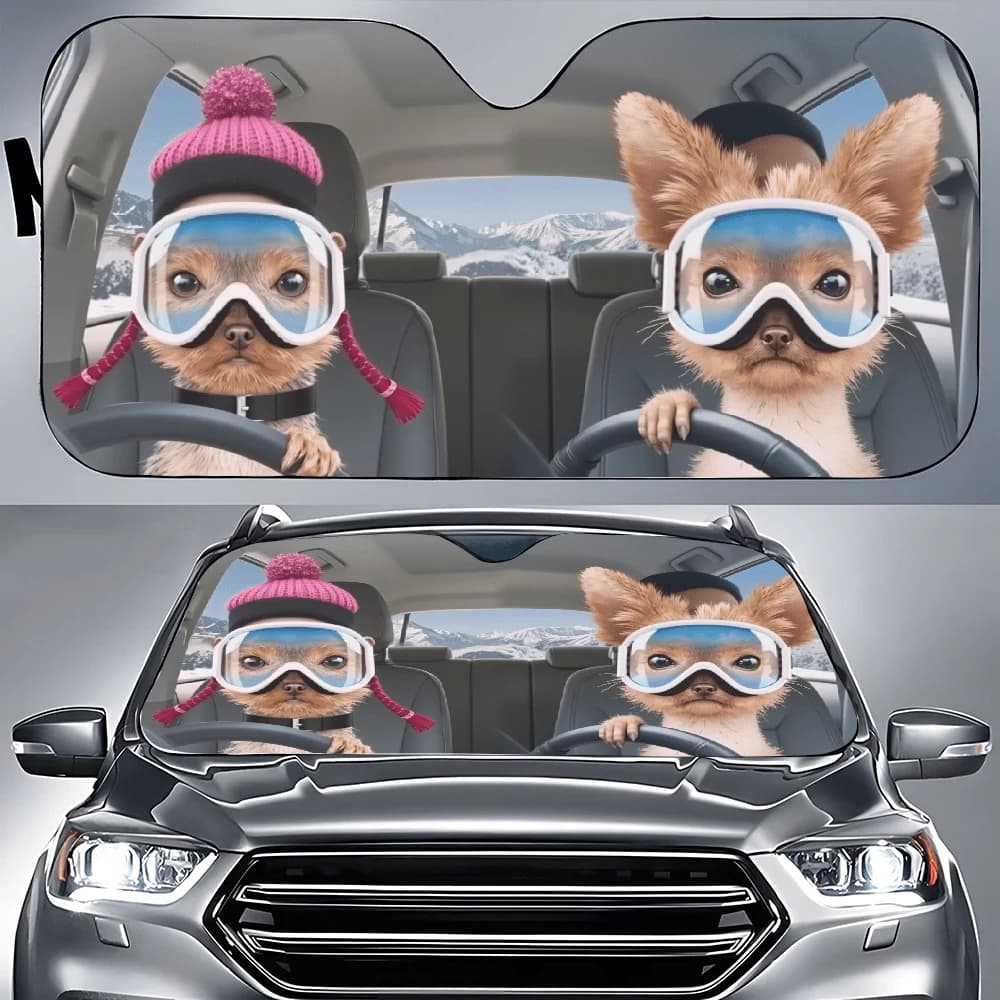 Two Little Dogs Sporting Ski Goggles Inside A Vehicle With Sunshades, A Front Window Cover For Cars, Decorative Auto Sunshades,