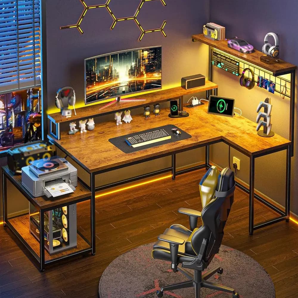 63.5 L Gaming Desk with LED Lights, Current Grips, Monitor Support and Printer shelf - Rustic Brown