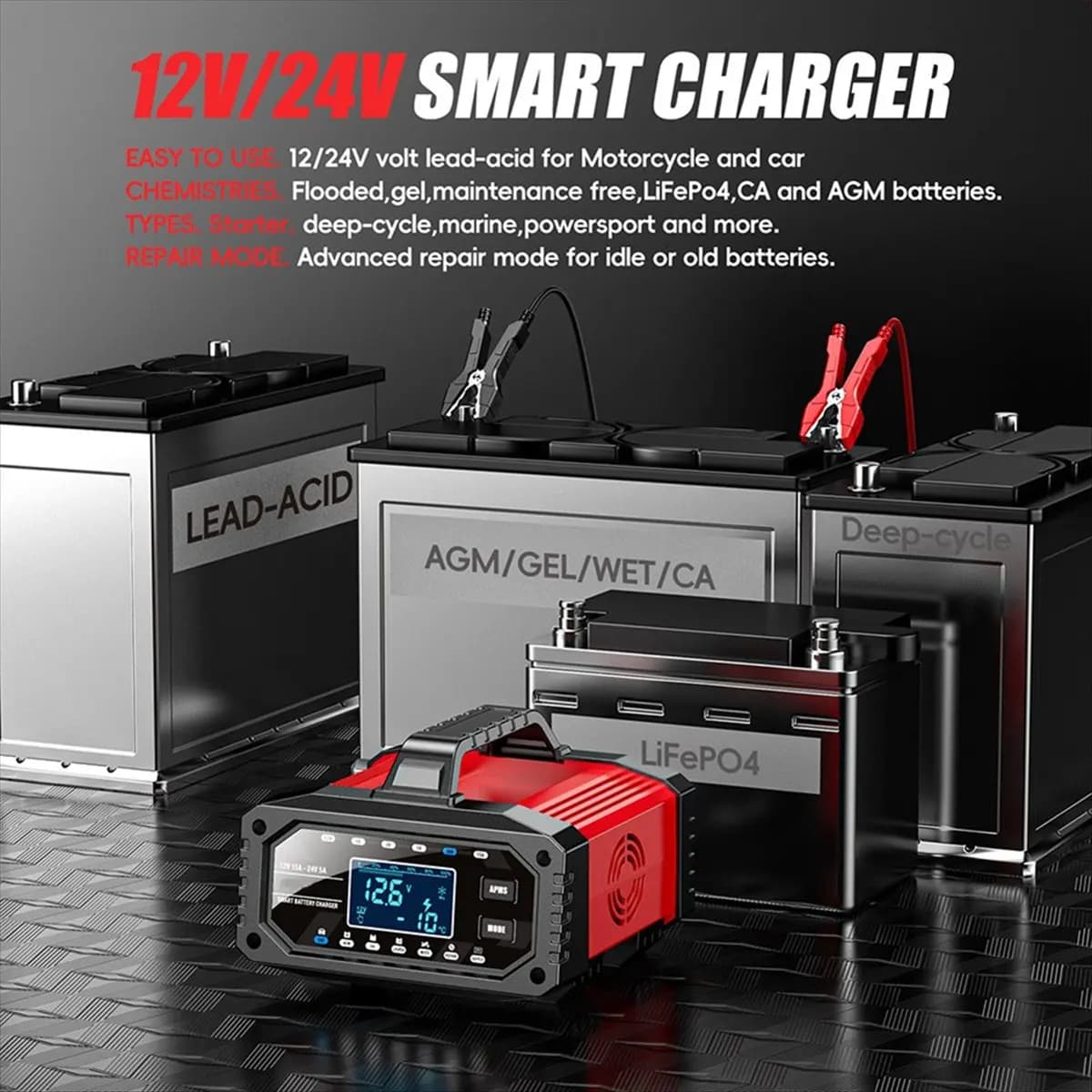 Caricabatterie ABZJ 15A, Caricabatterie per Auto 12/24V per Batterie al Piombo-Acido, Avviatore d'Emergenza per Auto, Caricabatterie a Mantenimento di Carica Aggiornato con Spina EU