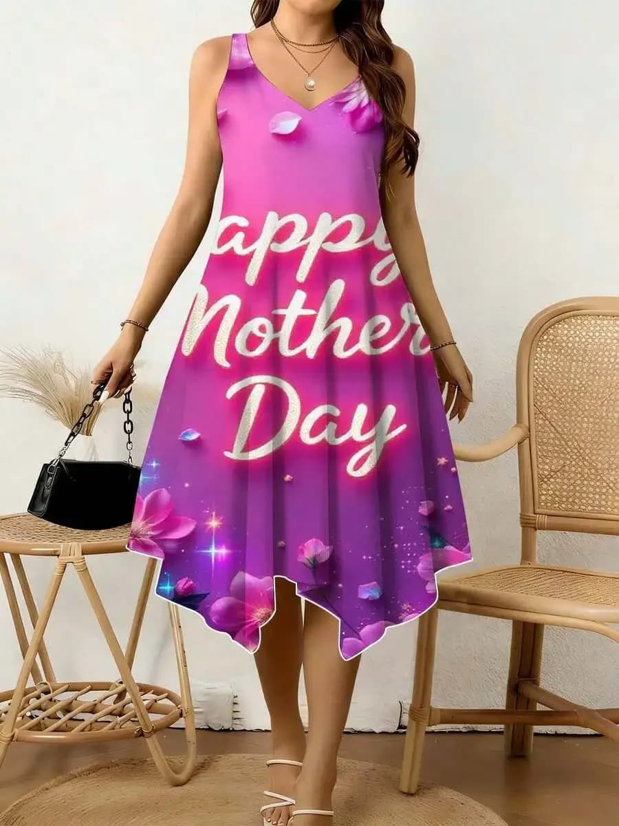 Abito con scollo a V e orlo asimmetrico con scritta Happy Mother Day, motivo floreale e stellato, abbigliamento casual per le feste