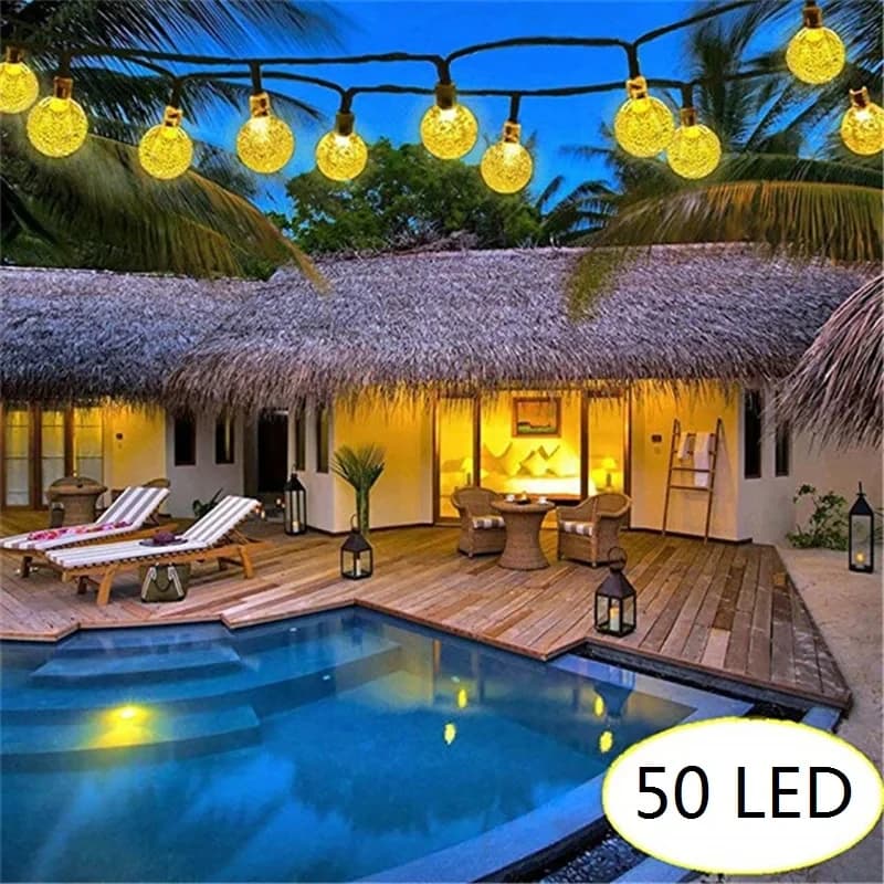 Lampada Solare a Sfera di Cristallo, Luci a Stringa LED Impermeabili, Ghirlanda di 50 LED per Decorazioni Esterne, Giardino, Natale e Matrimoni